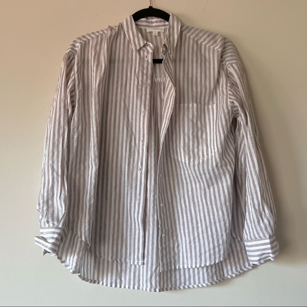 Womens Striped Button Down Shirt Size Small Beige White Long Sleeve Chest Pocket